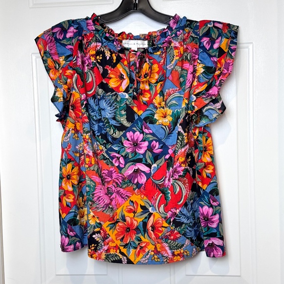 Chelsea & Theodore Vibrant Floral Sleeveless Ruffle Tie Neck Blouse, EUC, Sz L - Picture 1 of 6